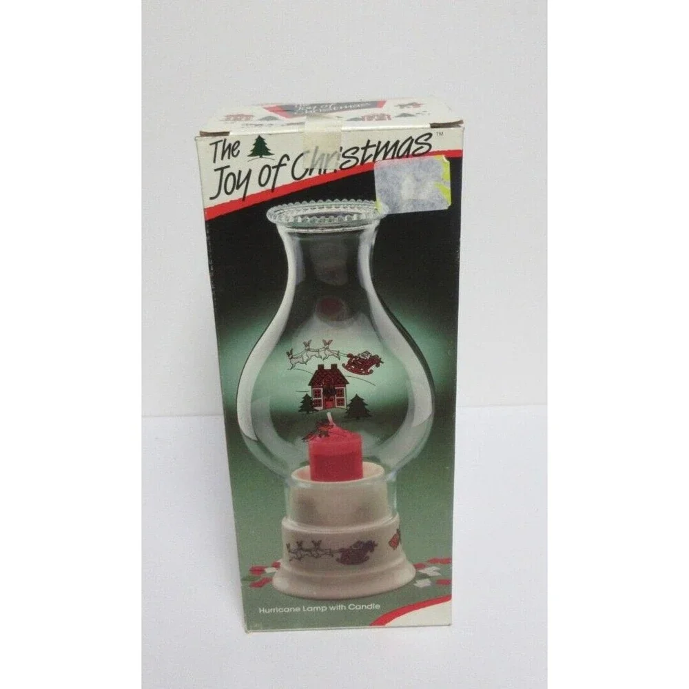 Brazil Glass Beaded Rim Hurricane Lamp & Ceramic Candle Holder Santa Sleigh XMAS